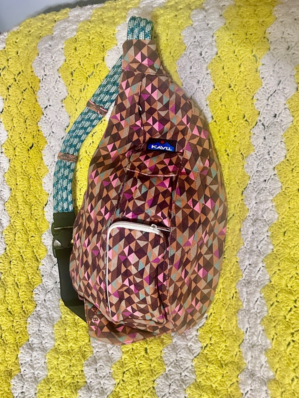 KAVU Sling Bag Multicolor Pink Brown Geometric